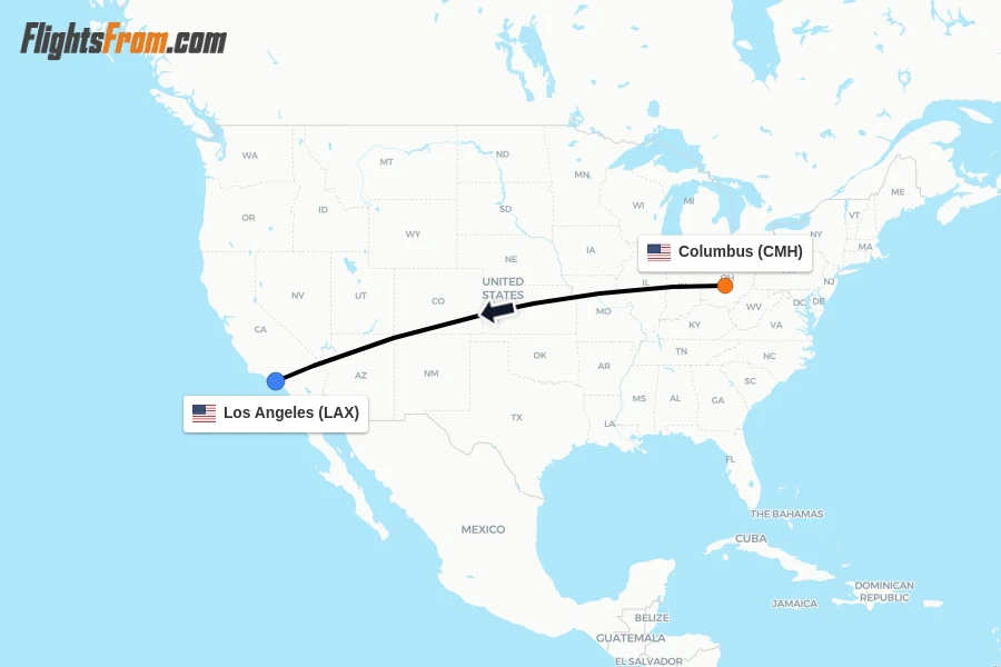 Flights from Columbus to Los Angeles route map