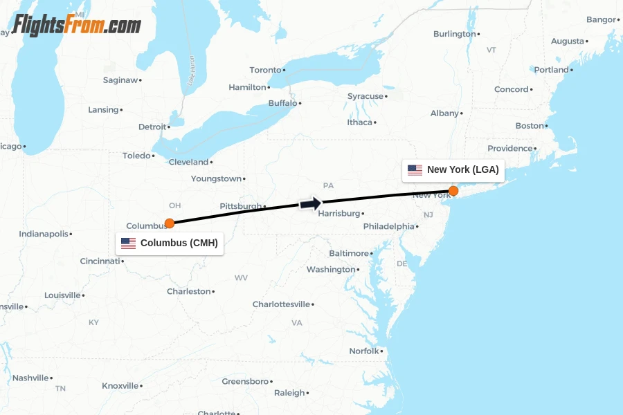 Flights from Columbus to New York route map