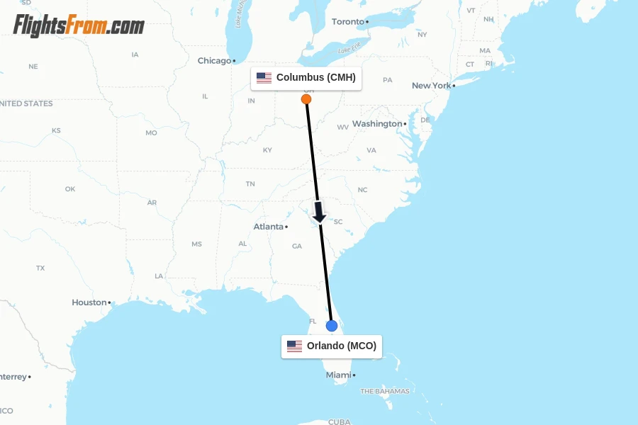 Flights from Columbus to Orlando route map