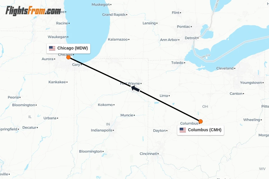 Flights from Columbus to Chicago route map