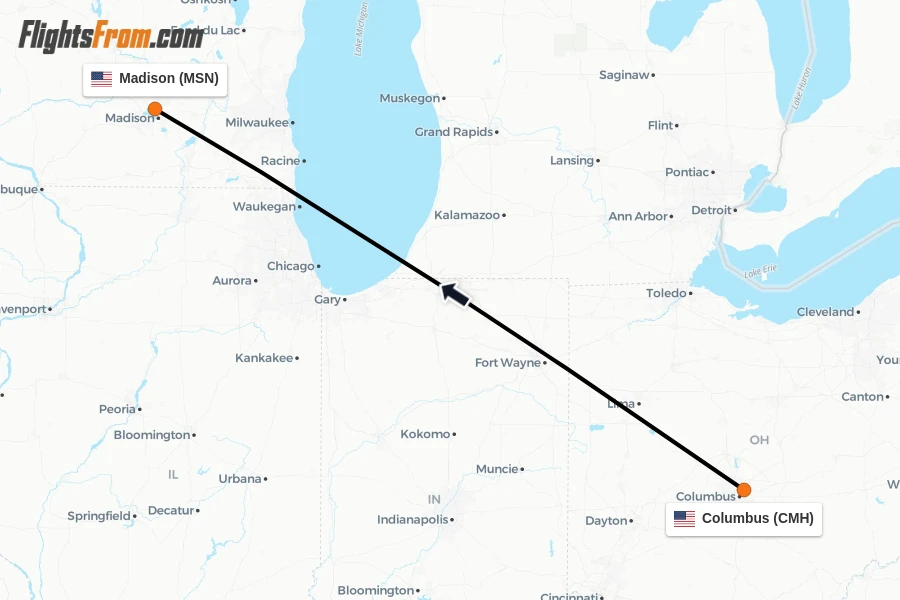 Flights from Columbus to Madison route map