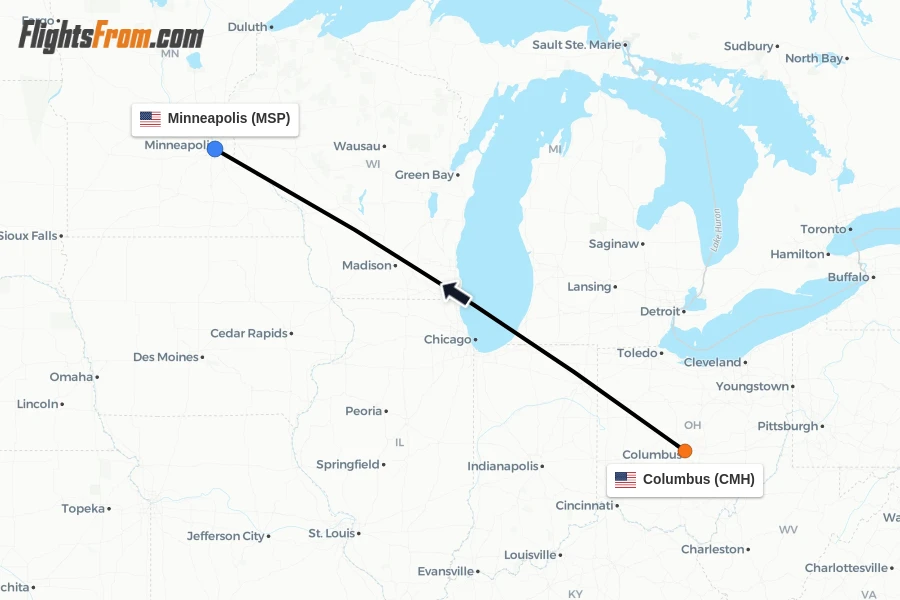Flights from Columbus to Minneapolis route map