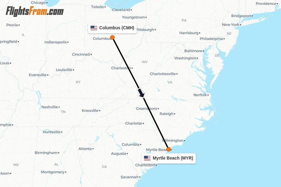 Flights from Columbus to Myrtle Beach route map