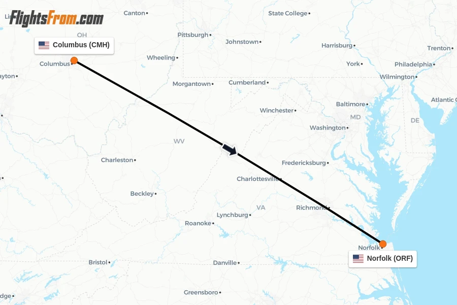 Flights from Columbus to Norfolk route map