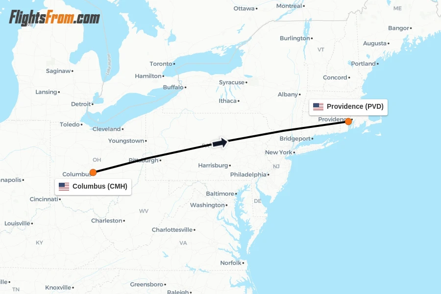 Flights from Columbus to Providence route map