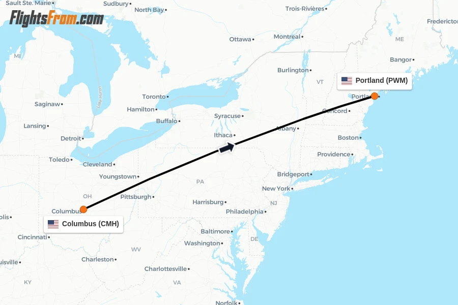 Flights from Columbus to Portland route map