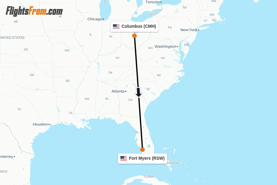 Flights from Columbus to Fort Myers route map