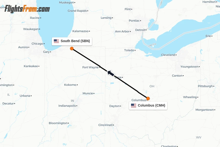 Flights from Columbus to South Bend route map