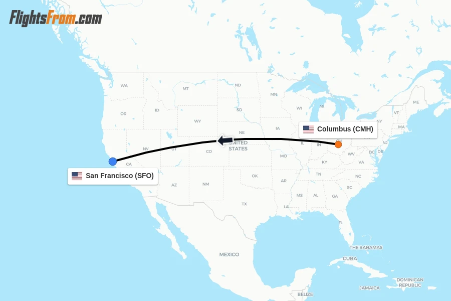 Flights from Columbus to San Francisco route map