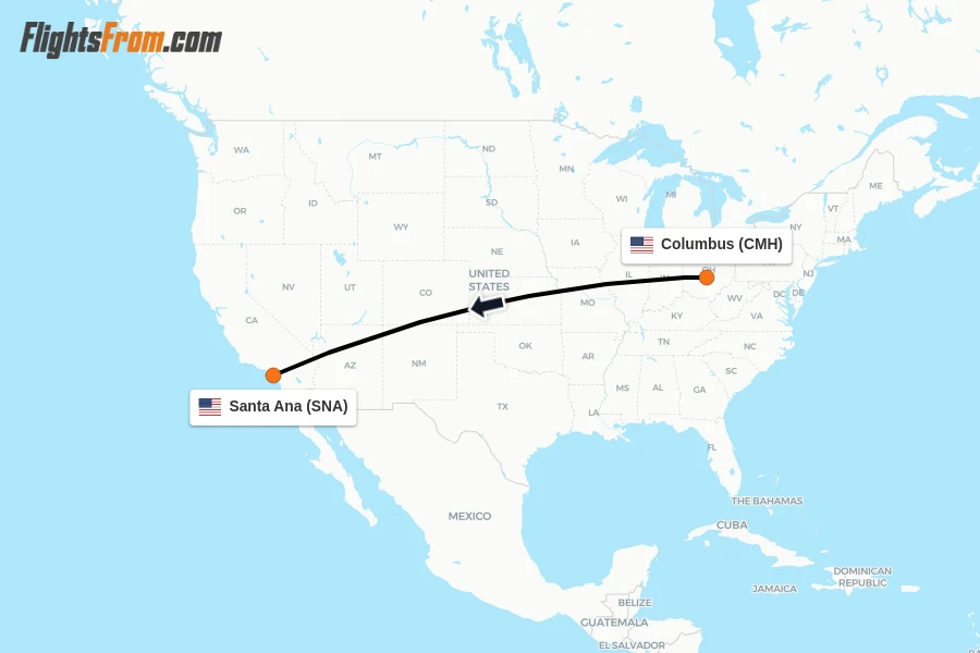 Flights from Columbus to Santa Ana route map
