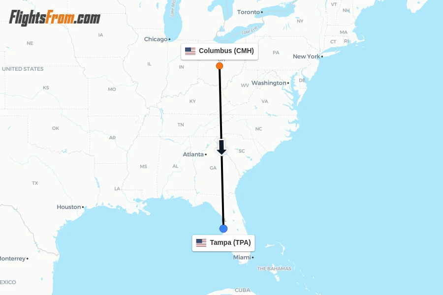 Flights from Columbus to Tampa route map