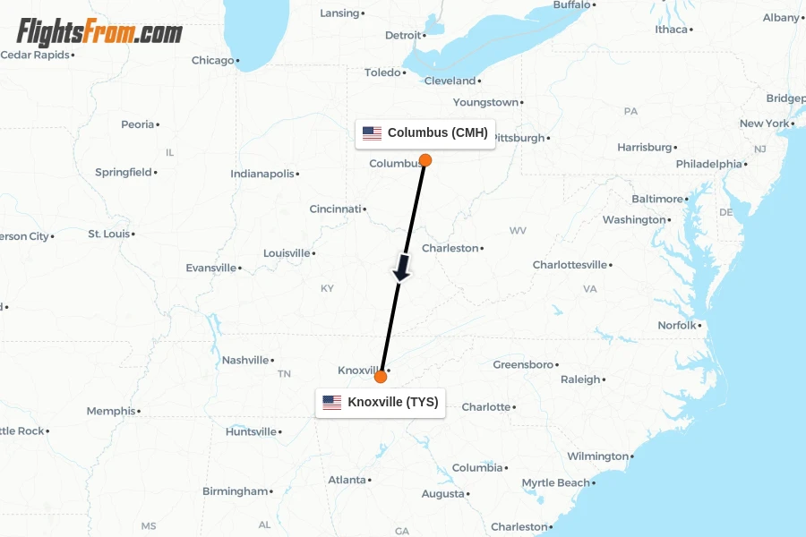 Flights from Columbus to Knoxville route map