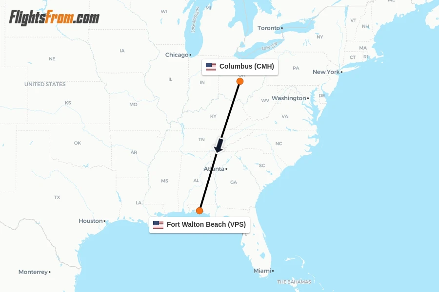 Flights from Columbus to Fort Walton Beach route map