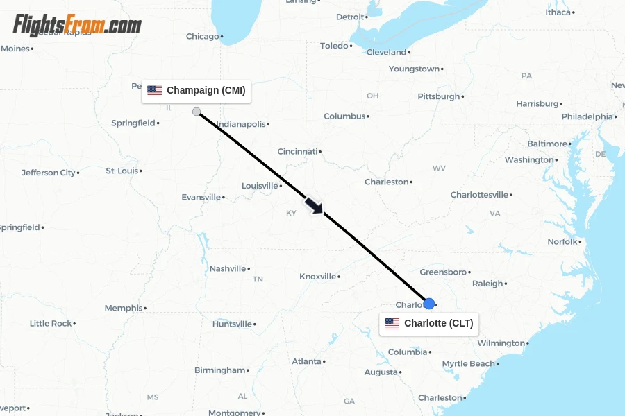 Flights from Champaign to Charlotte route map