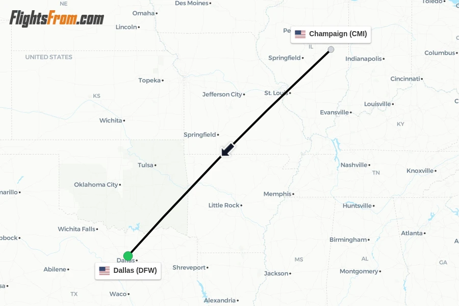 Flights from Champaign to Dallas route map