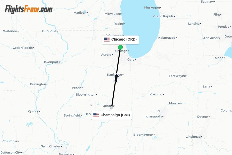 Flights from Champaign to Chicago route map