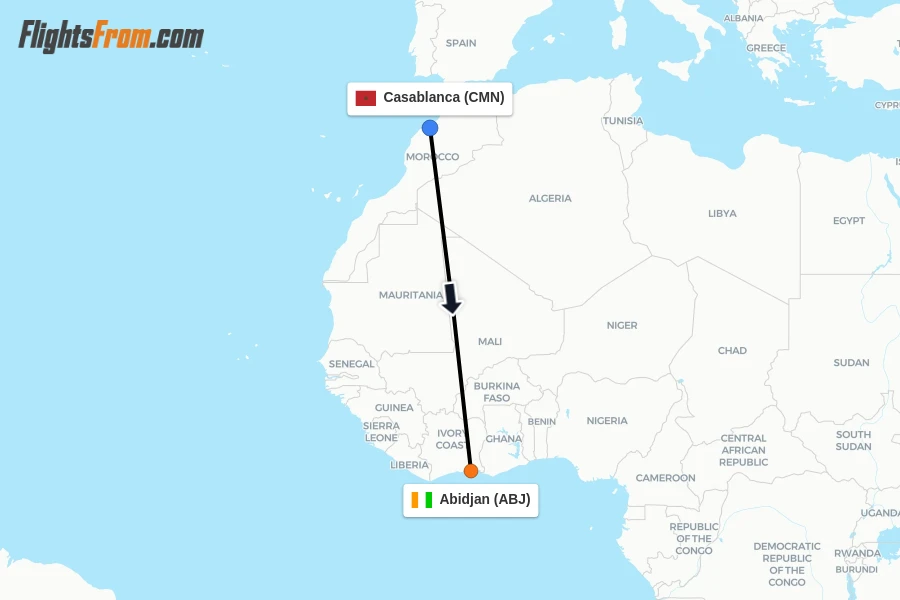 Flights from Casablanca to Abidjan route map