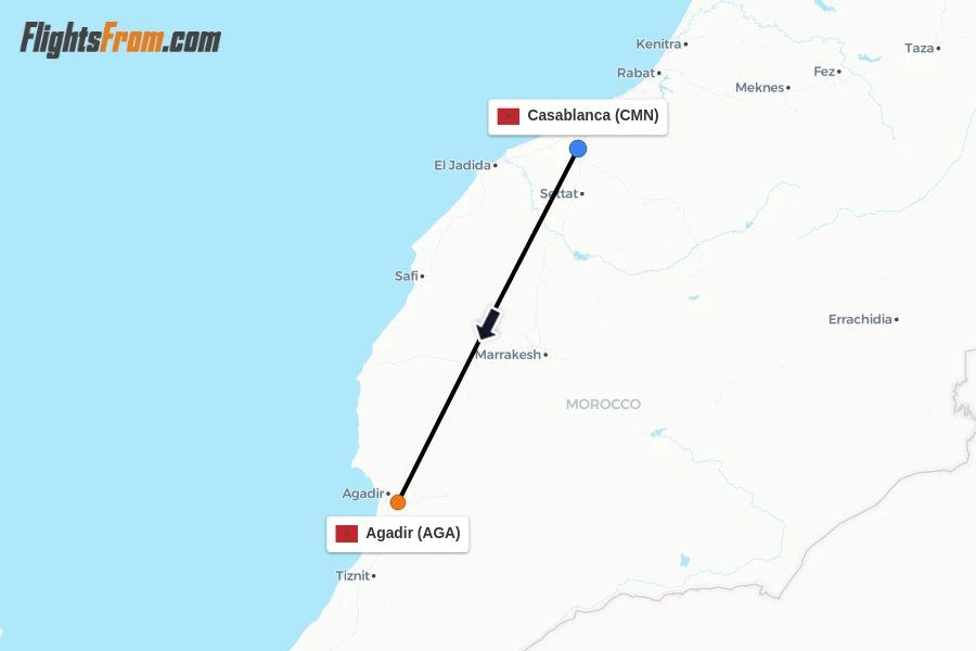 Flights from Casablanca to Agadir route map