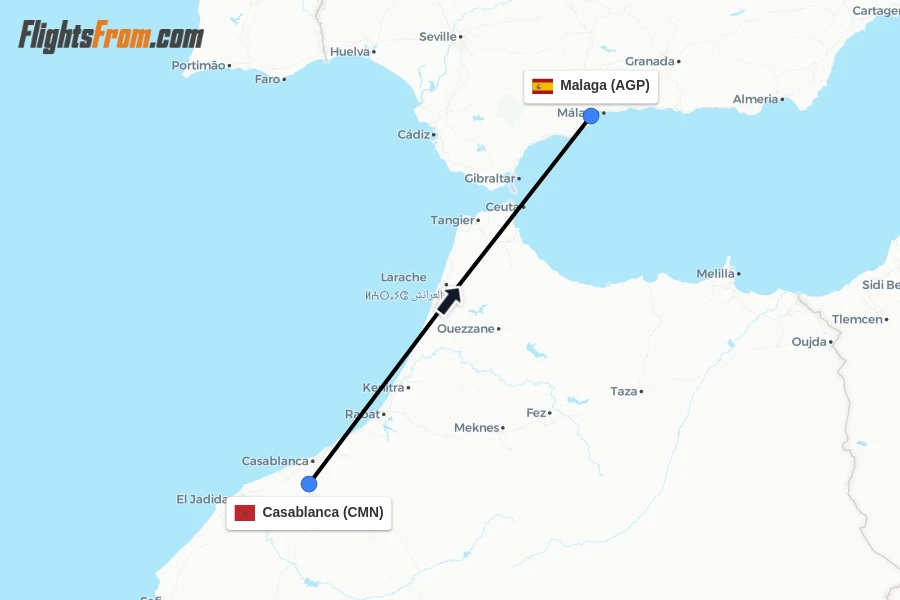 Flights from Casablanca to Malaga route map