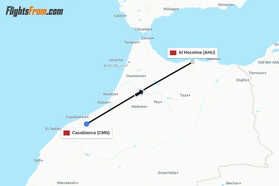 Flights from Casablanca to Al Hoceima route map