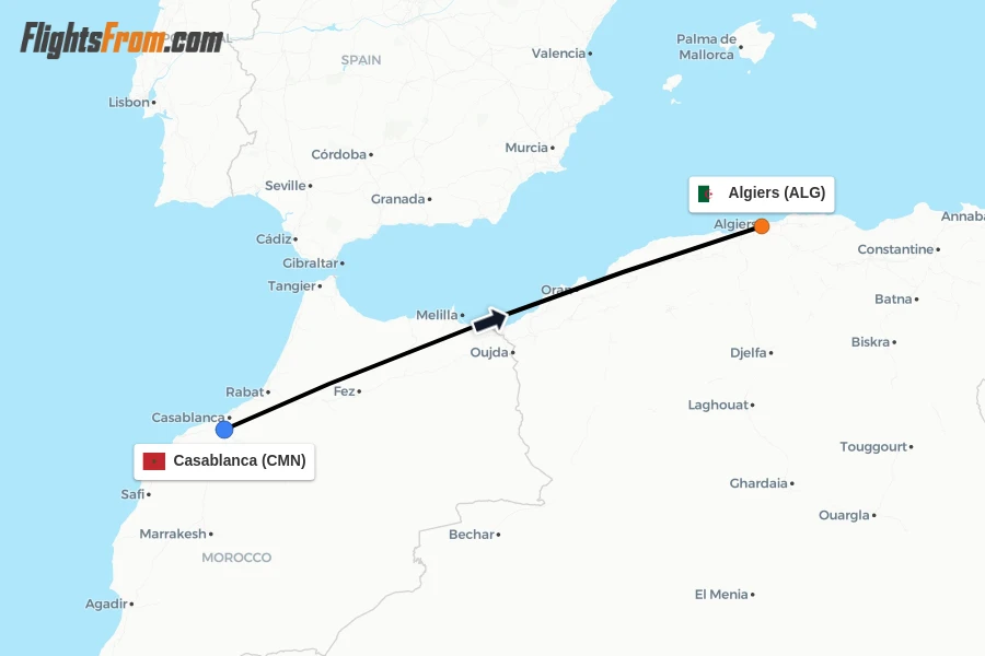 Flights from Casablanca to Algiers route map