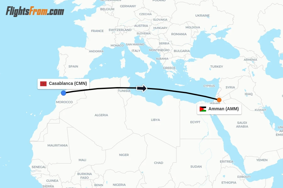 Flights from Casablanca to Amman route map