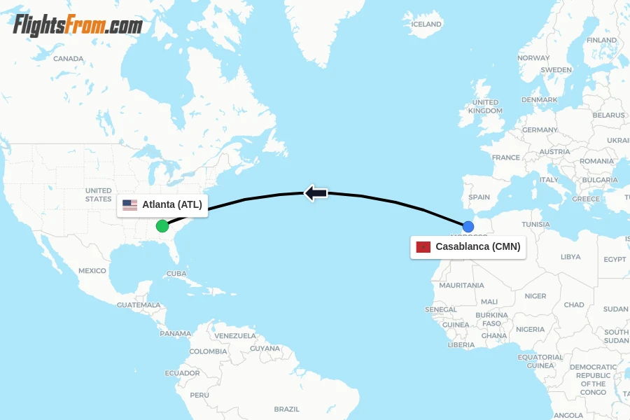 Flights from Casablanca to Atlanta route map