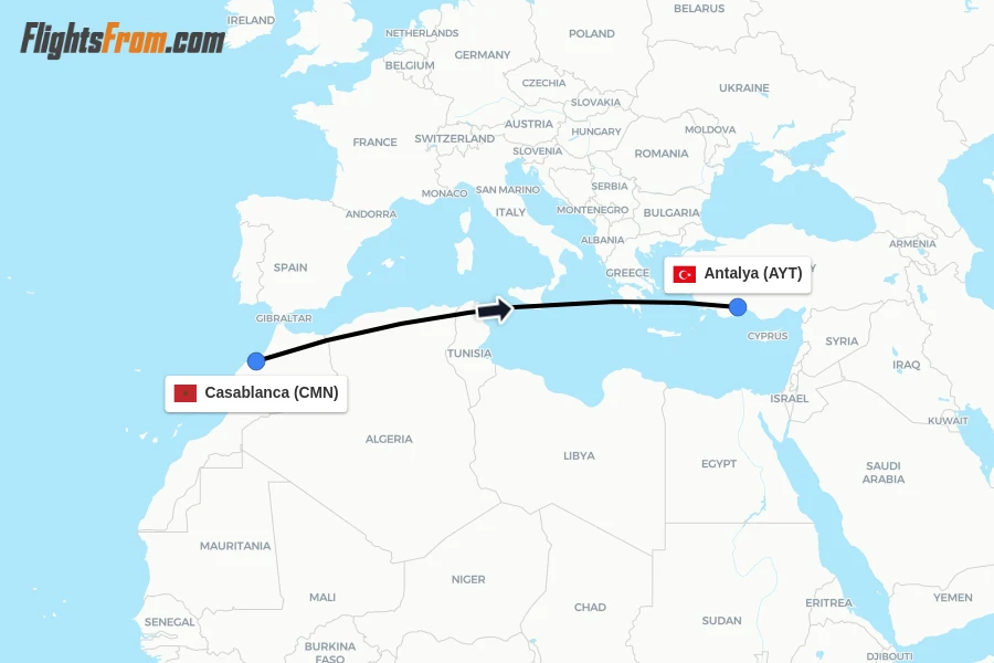 Flights from Casablanca to Antalya route map