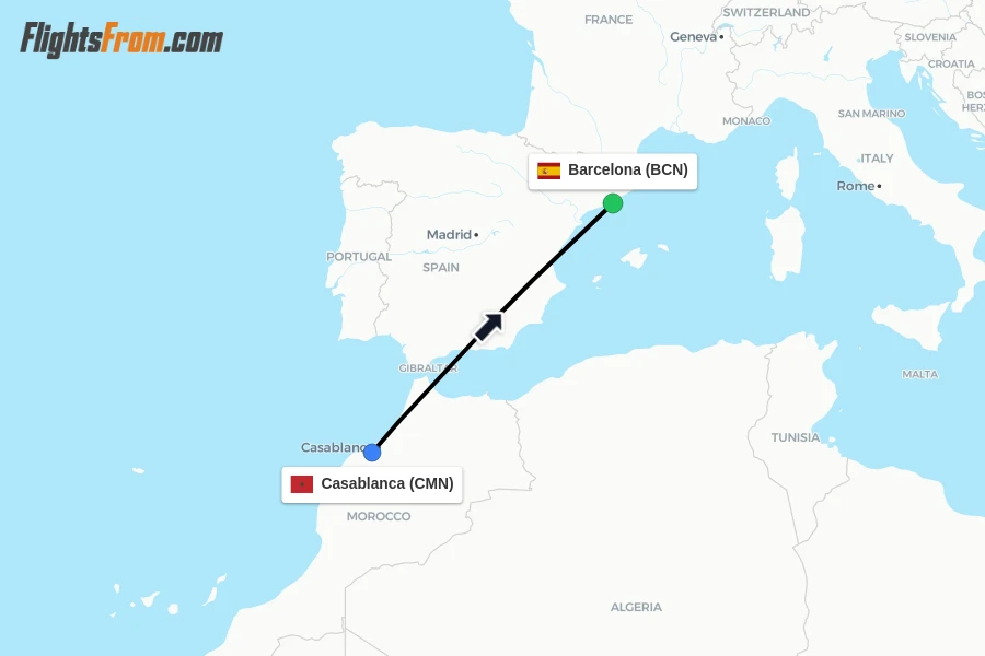 Flights from Casablanca to Barcelona route map