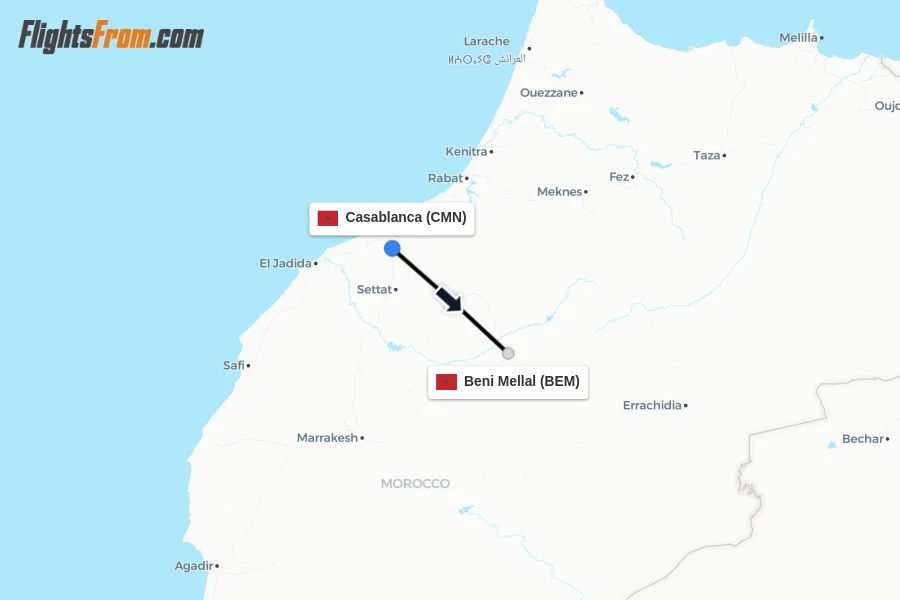 Flights from Casablanca to Beni Mellal route map
