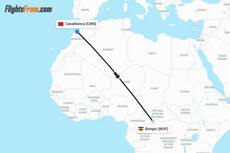 Flights from Casablanca to Bangui route map