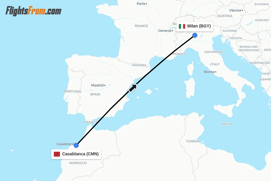 Flights from Casablanca to Milan route map