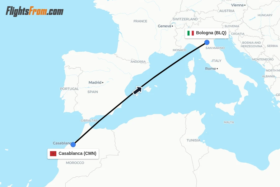 Flights from Casablanca to Bologna route map