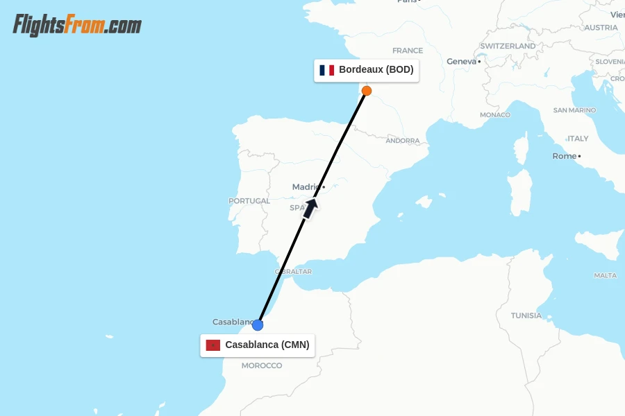 Flights from Casablanca to Bordeaux route map