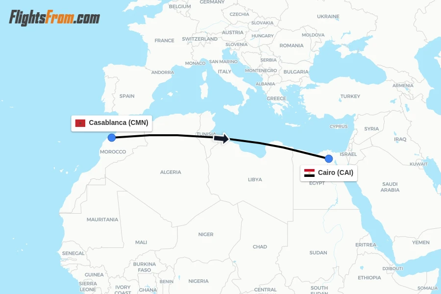 Flights from Casablanca to Cairo route map