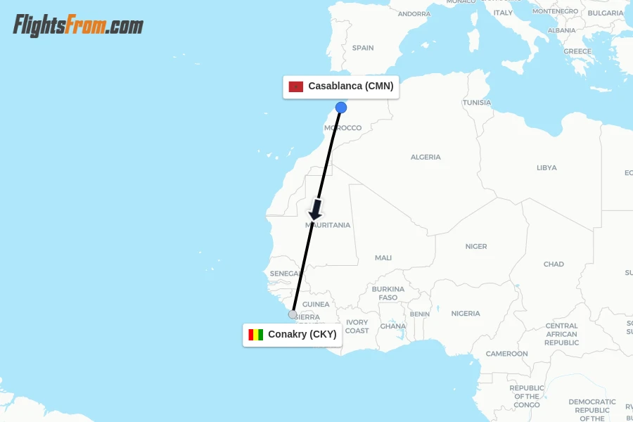 Flights from Casablanca to Conakry route map
