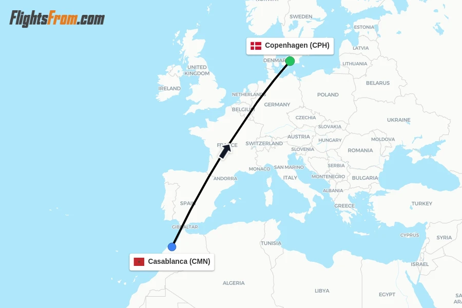 Flights from Casablanca to Copenhagen route map