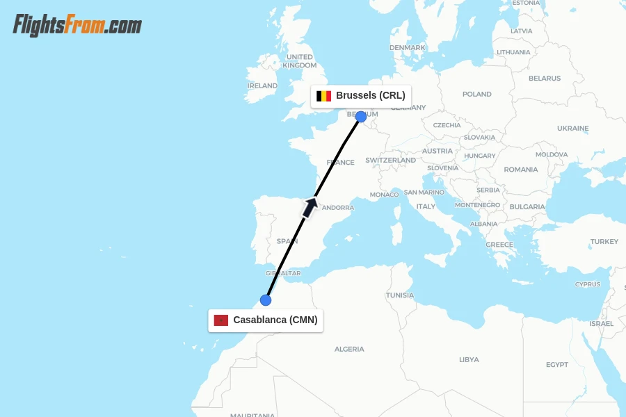 Flights from Casablanca to Brussels route map
