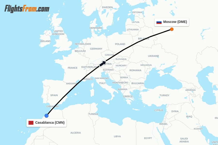 Flights from Casablanca to Moscow route map