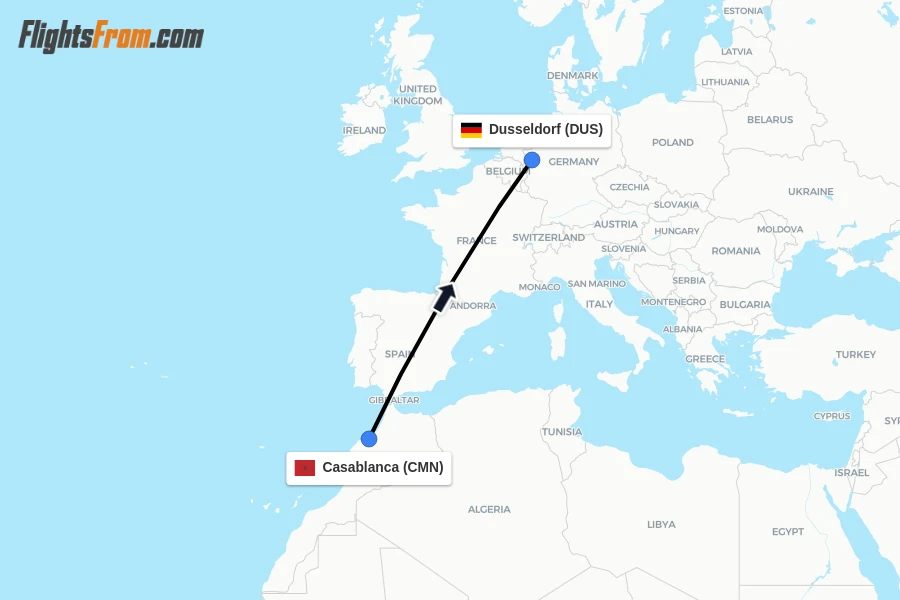 Flights from Casablanca to Dusseldorf route map