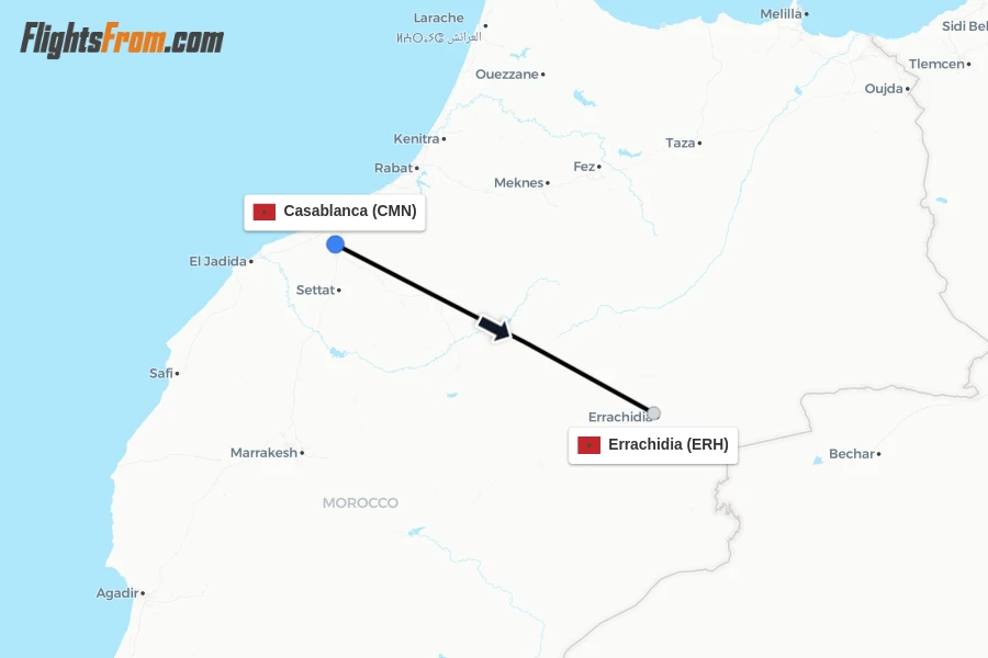 Flights from Casablanca to Errachidia route map