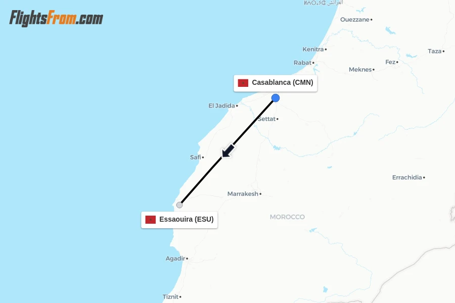 Flights from Casablanca to Essaouira route map