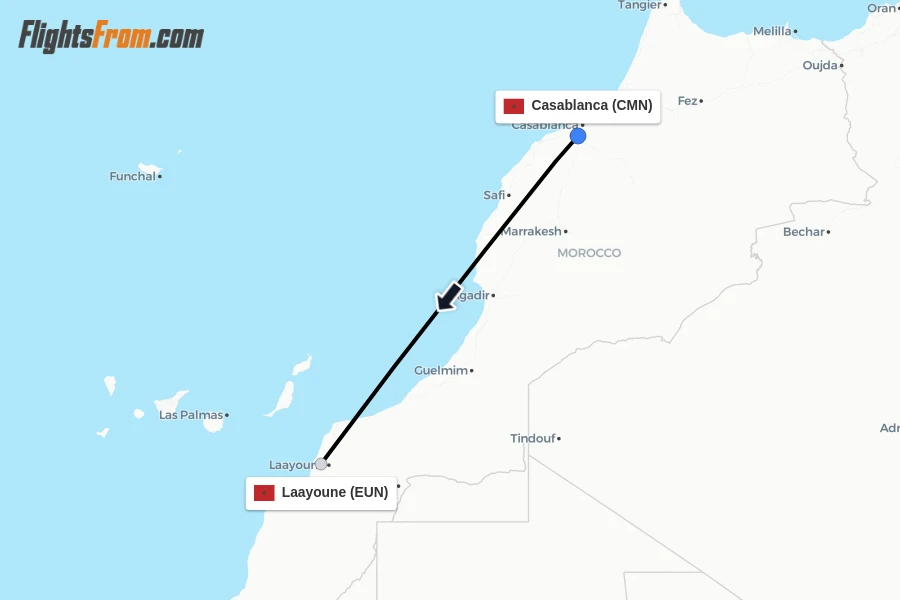 Flights from Casablanca to Laayoune route map