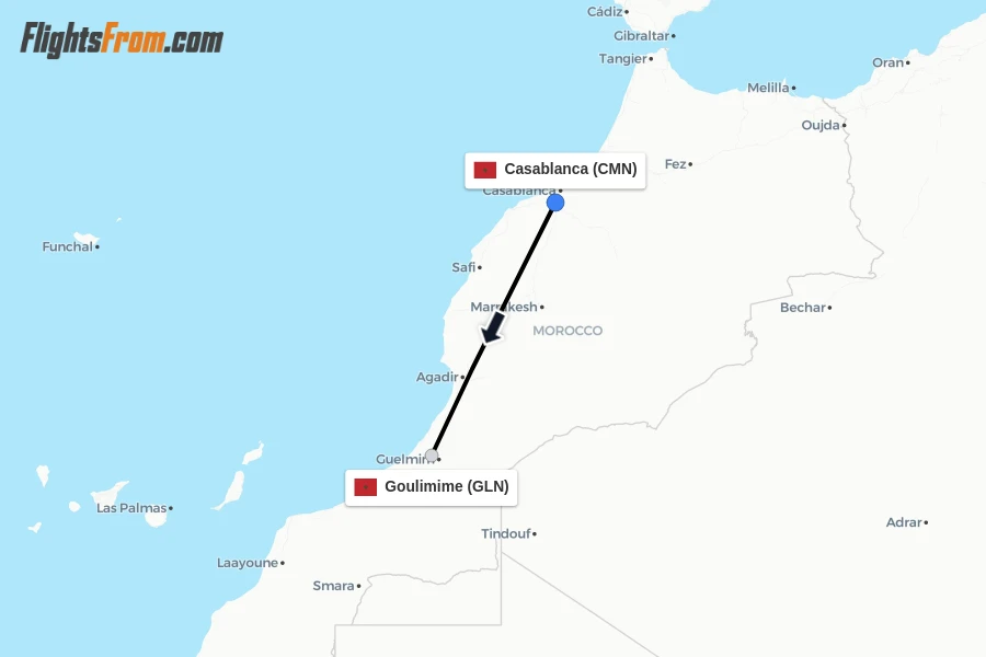 Flights from Casablanca to Goulimime route map