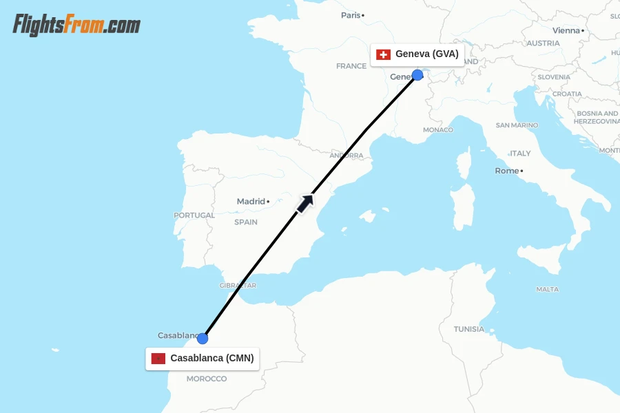 Flights from Casablanca to Geneva route map
