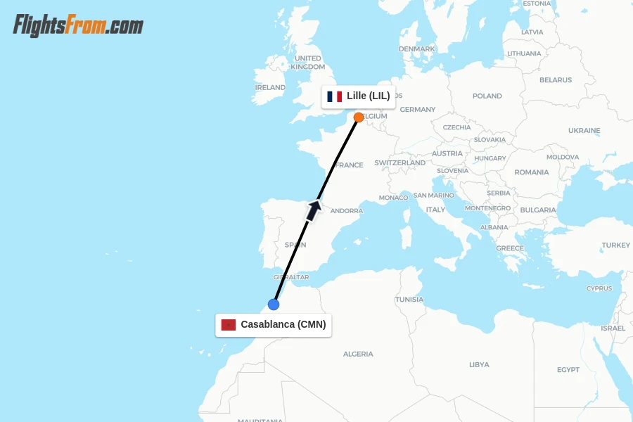 Flights from Casablanca to Lille route map