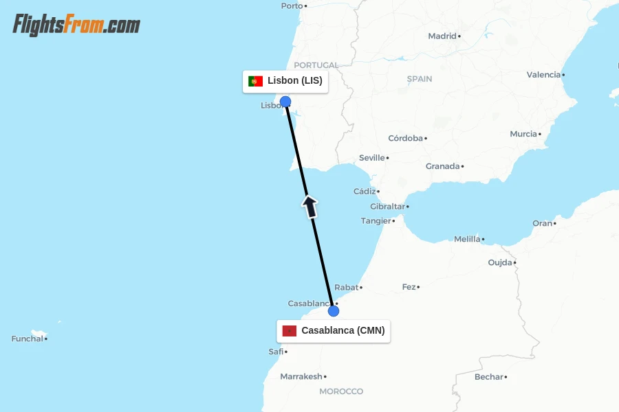 Flights from Casablanca to Lisbon route map