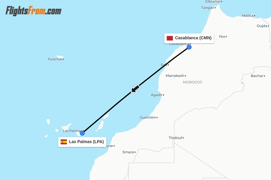Flights from Casablanca to Las Palmas route map