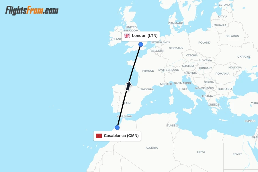 Flights from Casablanca to London route map