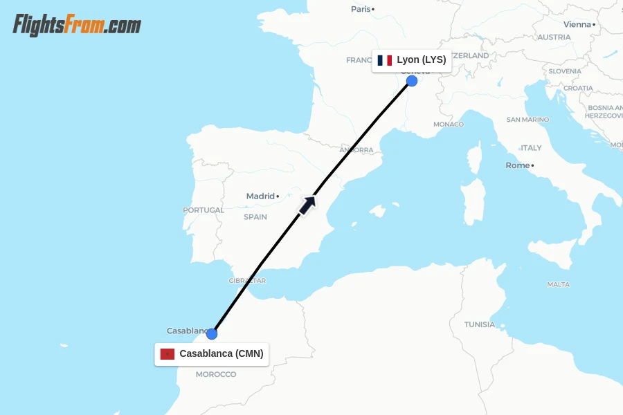Flights from Casablanca to Lyon route map